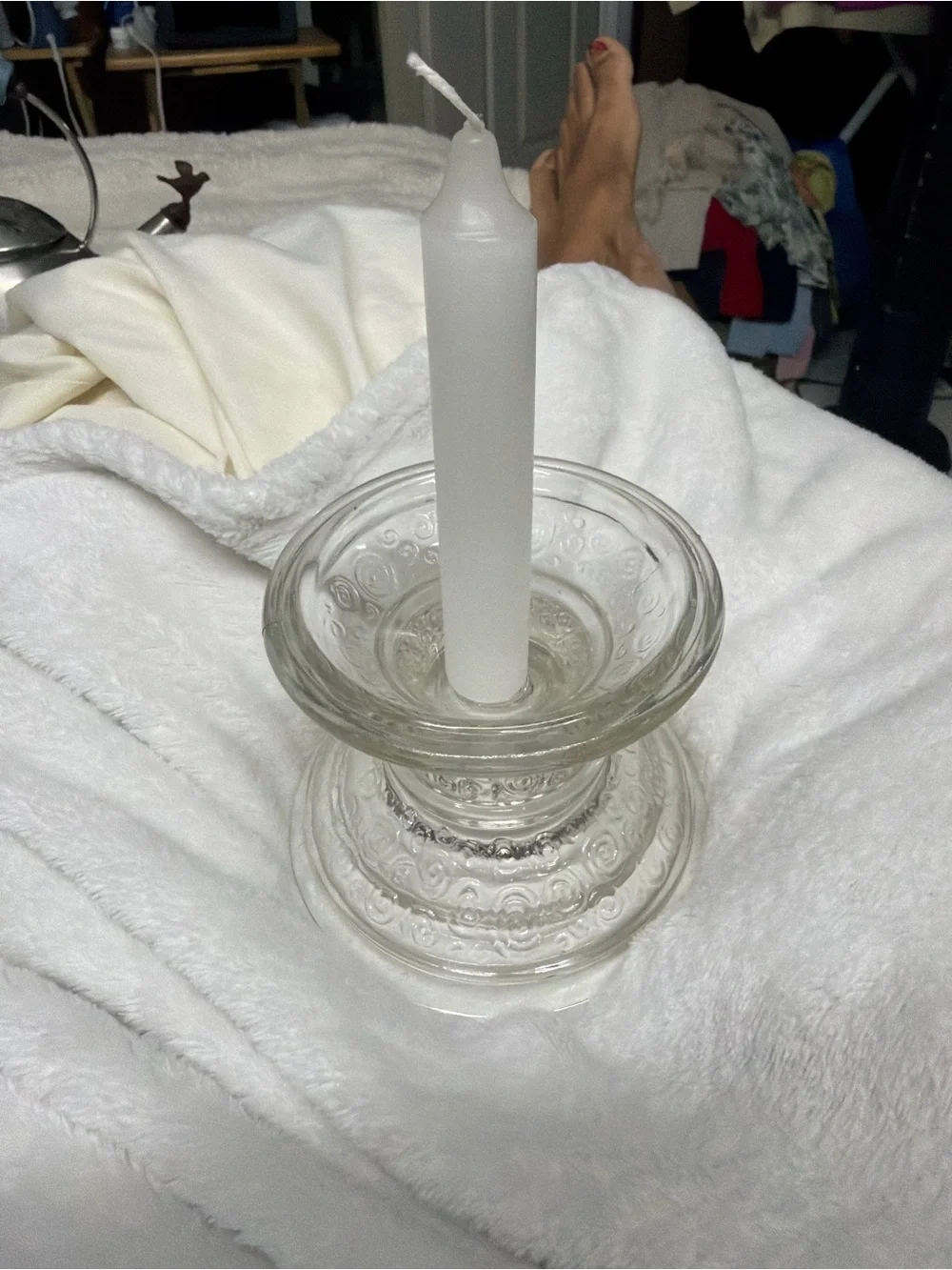 Clear Glass Pillar Candle Holder with White Taper Candle Vtg swirl